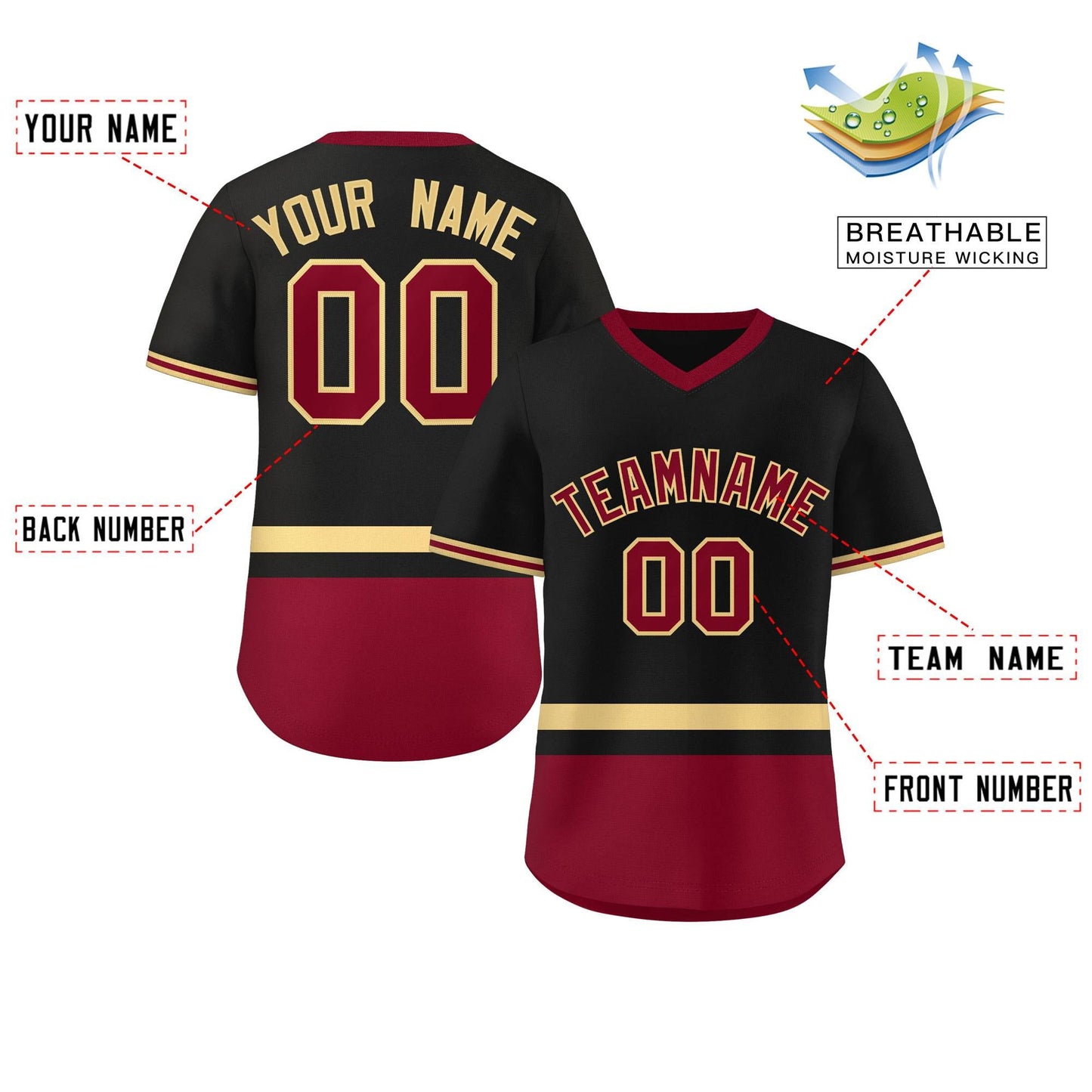 Custom Black Khaki-Crimson Color Block Personalized V-Neck Authentic Pullover Baseball Jersey