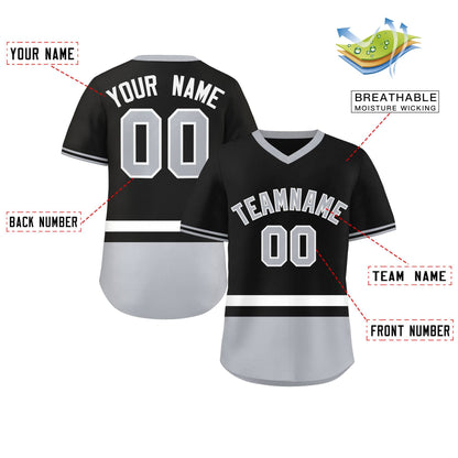 Custom Black White-Gray Color Block Personalized V-Neck Authentic Pullover Baseball Jersey