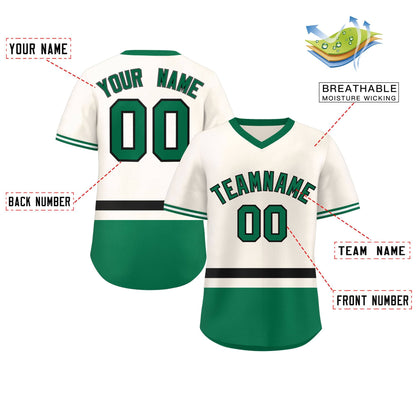 Custom Cream Black-Kelly Green Color Block Personalized V-Neck Authentic Pullover Baseball Jersey