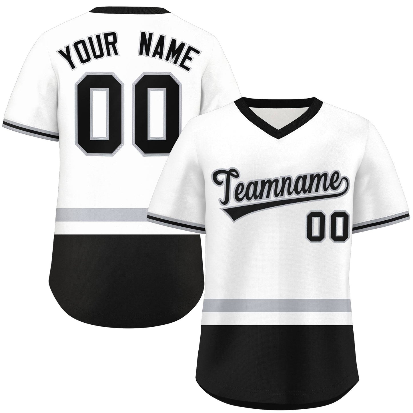 Custom White Gray-Black Color Block Personalized V-Neck Authentic Pullover Baseball Jersey