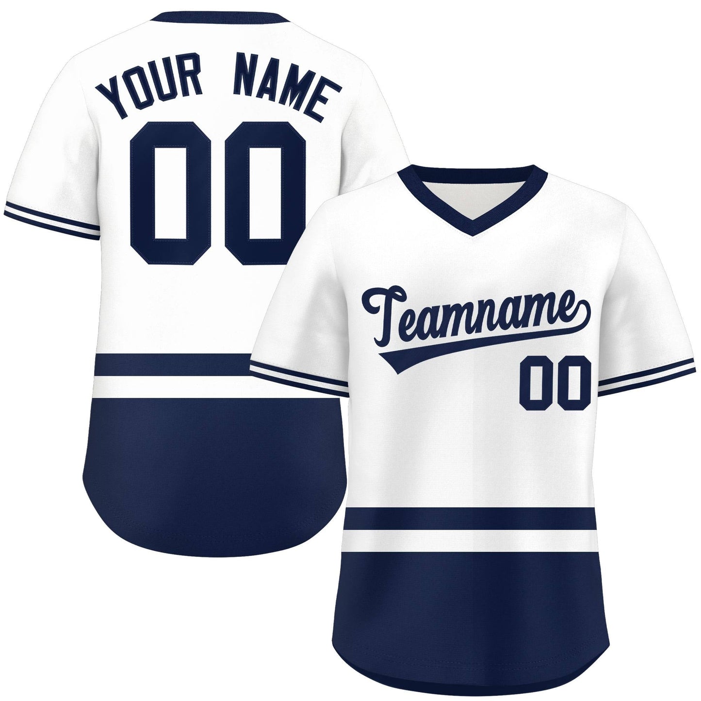 Custom White Navy Color Block Personalized V-Neck Authentic Pullover Baseball Jersey