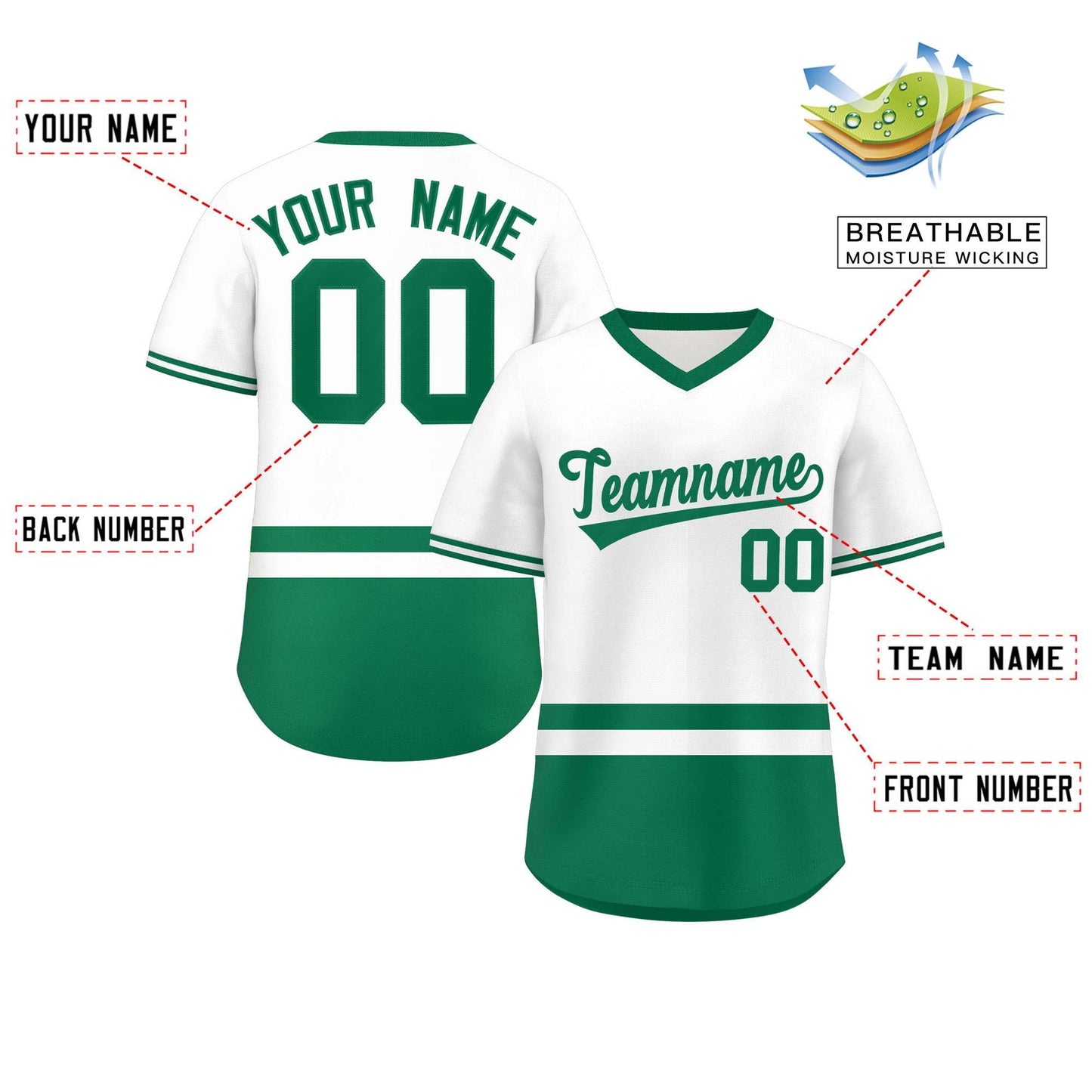 Custom White Kelly Green Color Block Personalized V-Neck Authentic Pullover Baseball Jersey