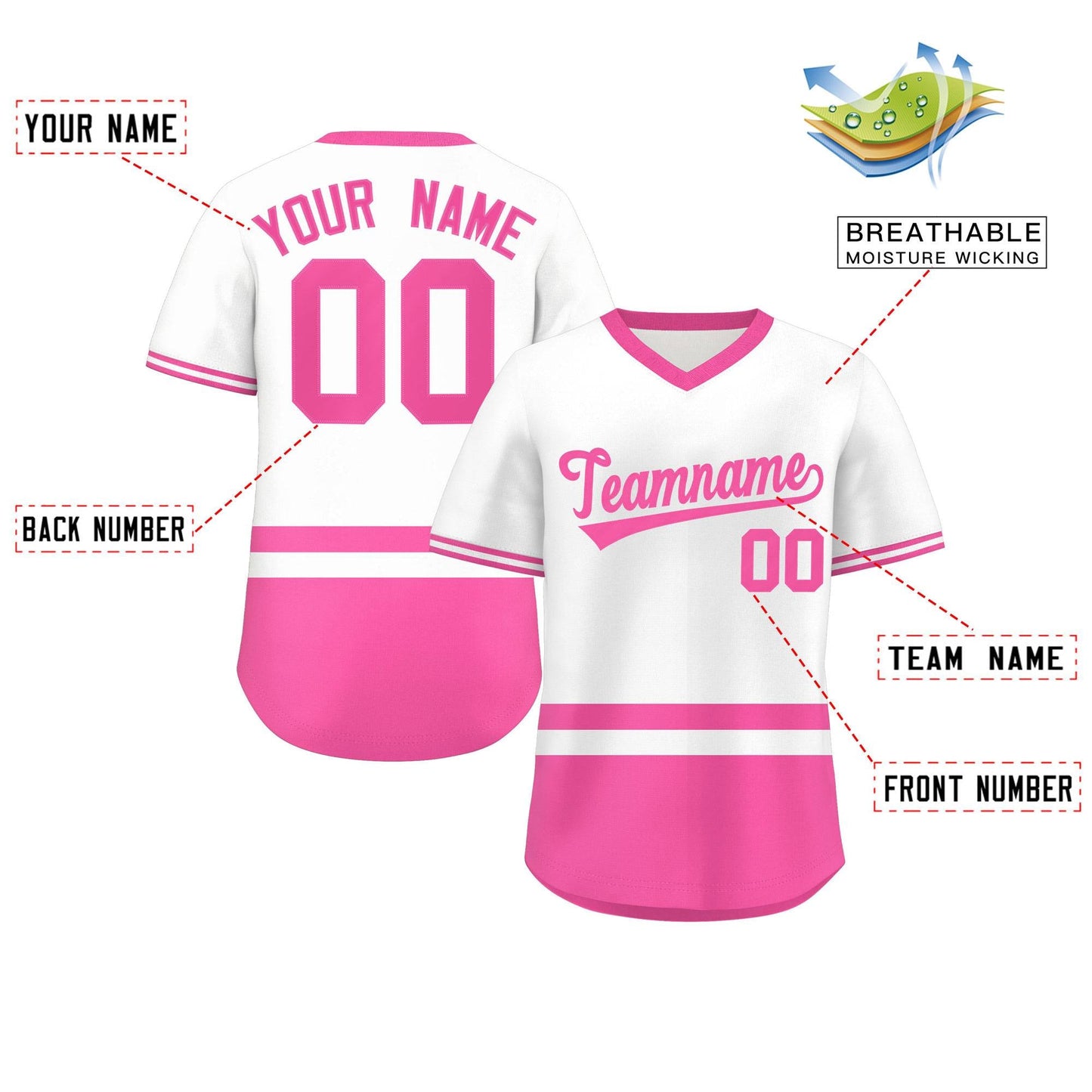 Custom White Pink Color Block Personalized V-Neck Authentic Pullover Baseball Jersey