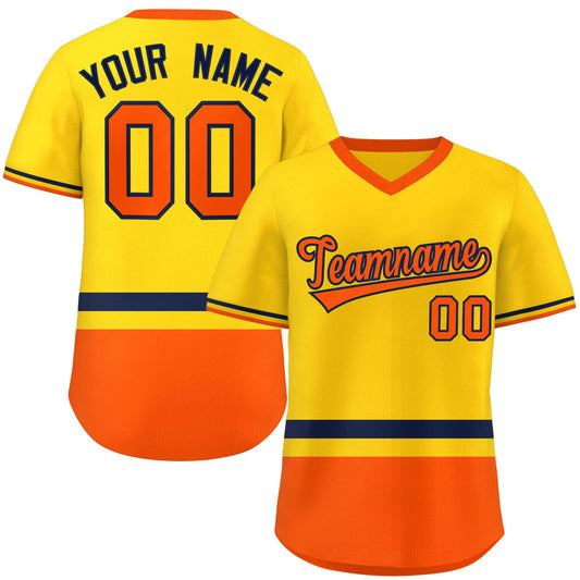 Custom Gold Navy-Orange Color Block Personalized V-Neck Authentic Pullover Baseball Jersey