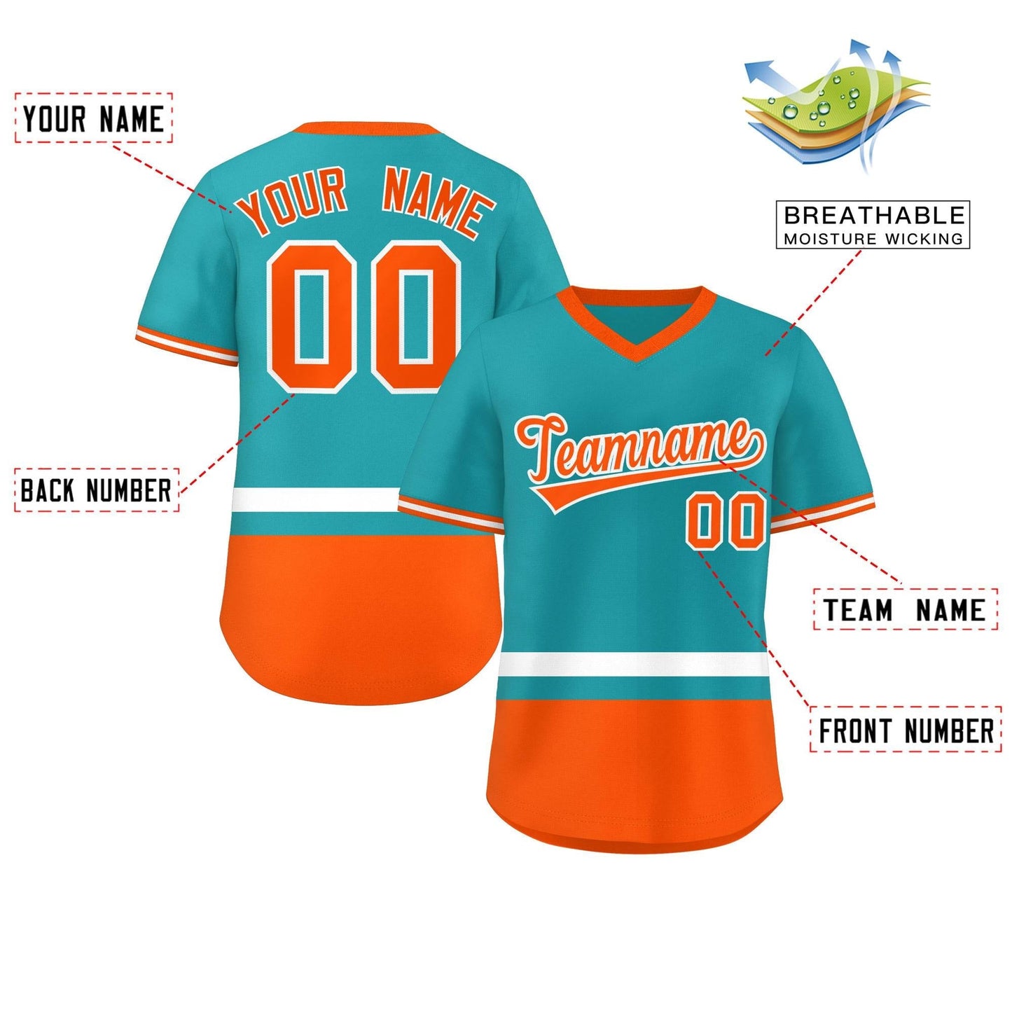 Custom Aqua White-Orange Color Block Personalized V-Neck Authentic Pullover Baseball Jersey