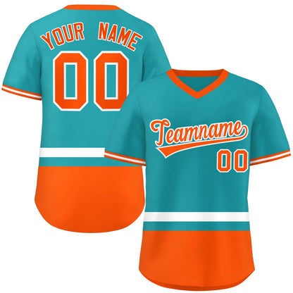 Custom Aqua White-Orange Color Block Personalized V-Neck Authentic Pullover Baseball Jersey