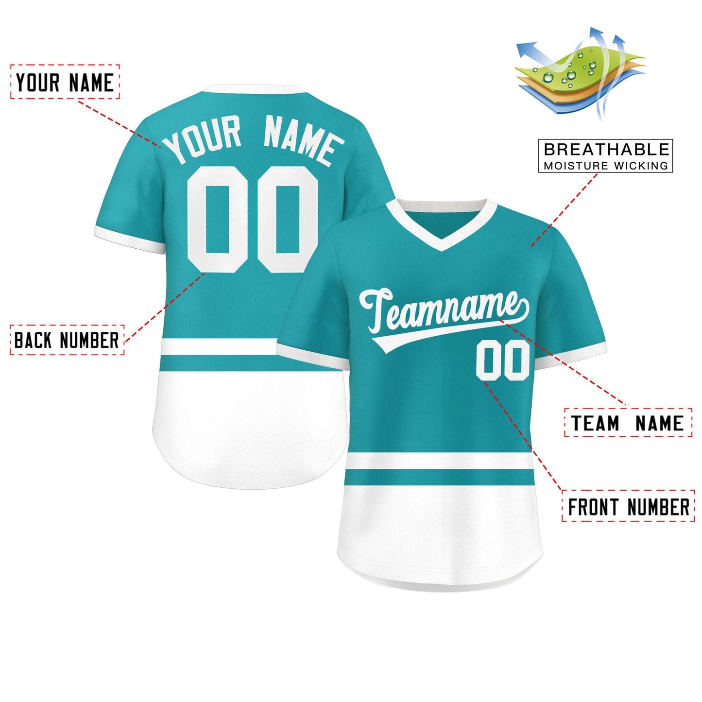 Custom Aqua White Color Block Personalized V-Neck Authentic Pullover Baseball Jersey