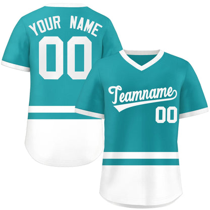 Custom Aqua White Color Block Personalized V-Neck Authentic Pullover Baseball Jersey