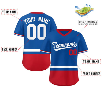 Custom Royal White-Red Color Block Personalized V-Neck Authentic Pullover Baseball Jersey