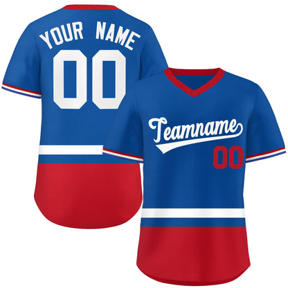 Custom Royal White-Red Color Block Personalized V-Neck Authentic Pullover Baseball Jersey