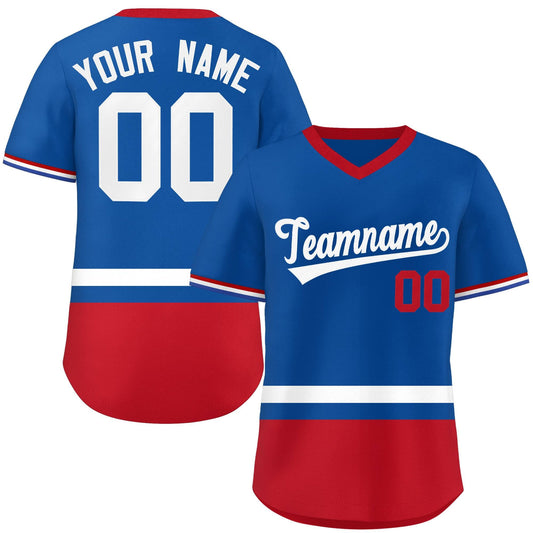 Custom Royal White-Red Color Block Personalized V-Neck Authentic Pullover Baseball Jersey