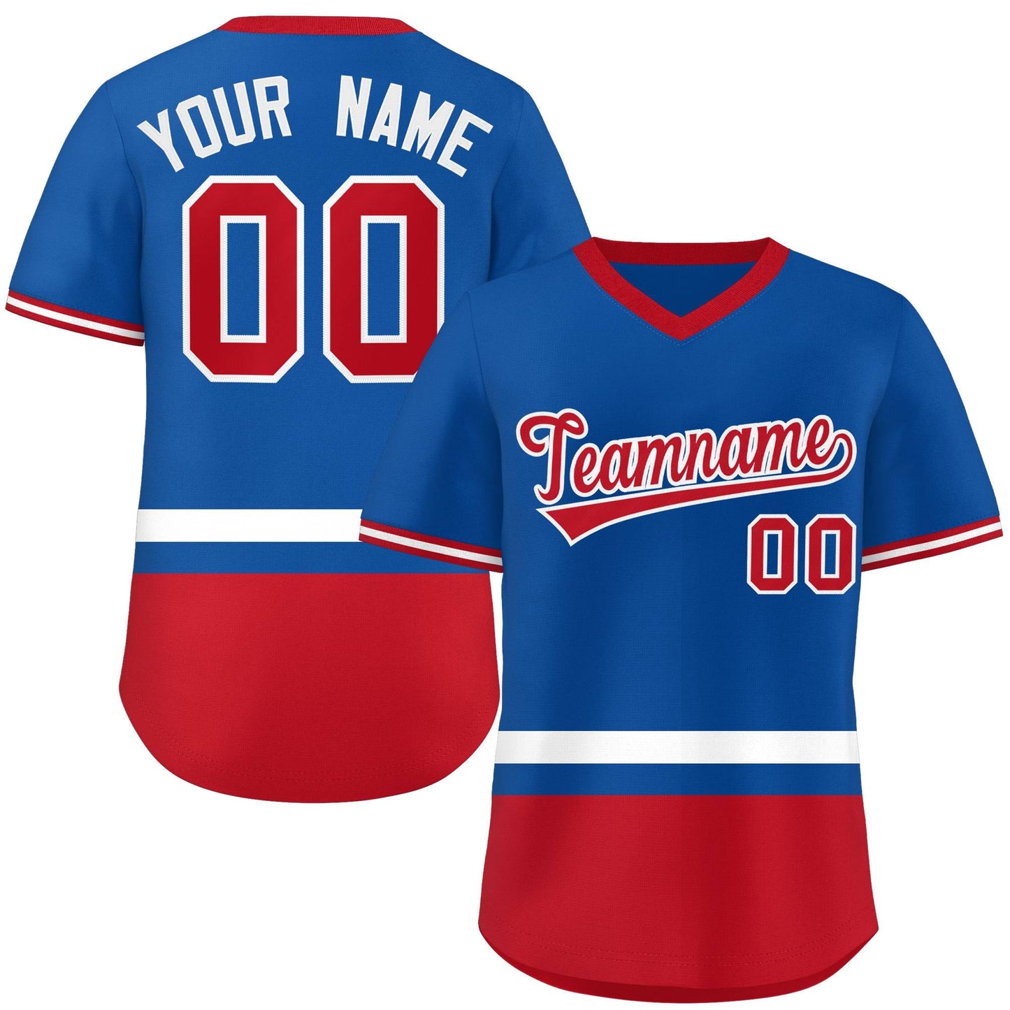 Custom Royal White-Red Color Block Personalized V-Neck Authentic Pullover Baseball Jersey