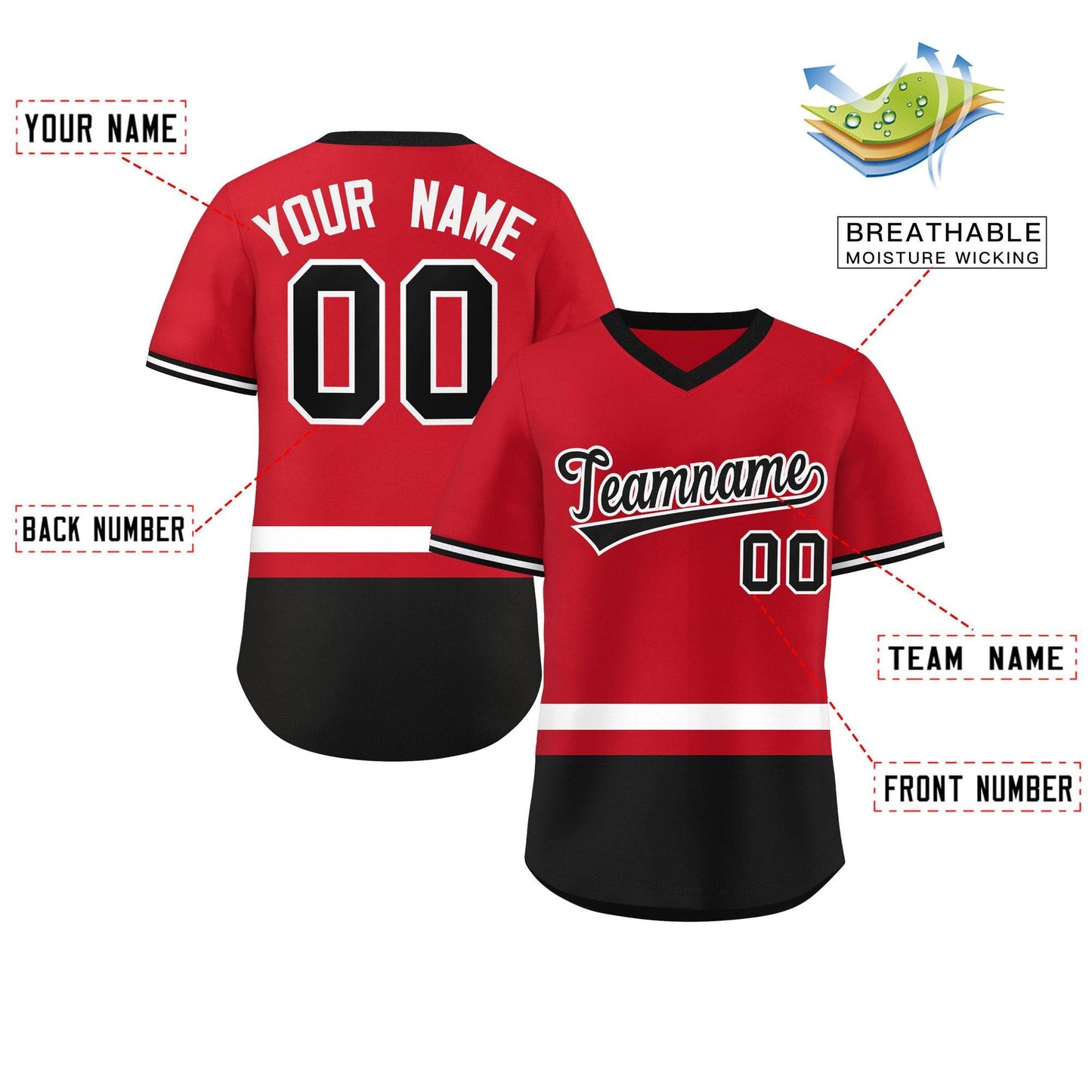 Custom Red White-Black Color Block Personalized V-Neck Authentic Pullover Baseball Jersey