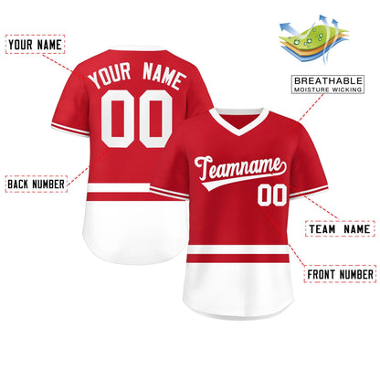 Custom Red White Color Block Personalized V-Neck Authentic Pullover Baseball Jersey