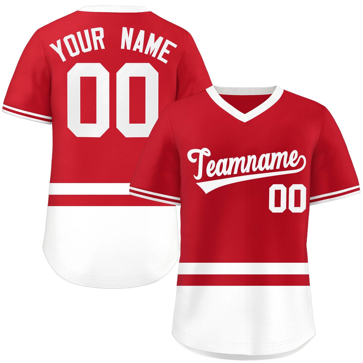 Custom Red White Color Block Personalized V-Neck Authentic Pullover Baseball Jersey