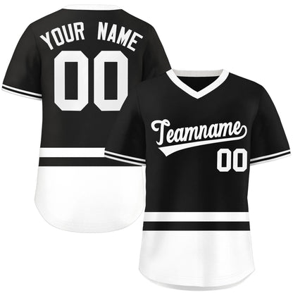 Custom Black White Color Block Personalized V-Neck Authentic Pullover Baseball Jersey