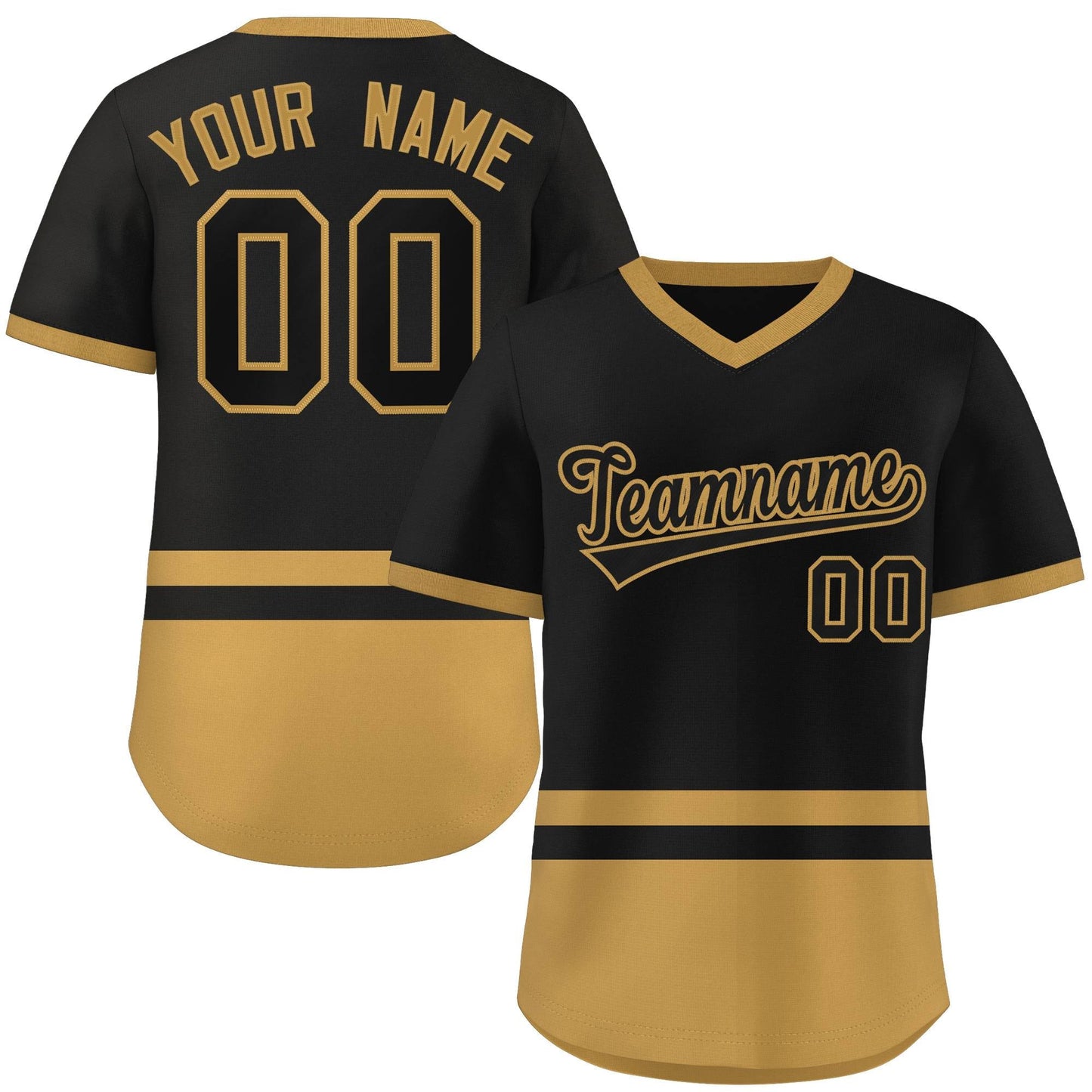 Custom Black Old Gold Color Block Personalized V-Neck Authentic Pullover Baseball Jersey