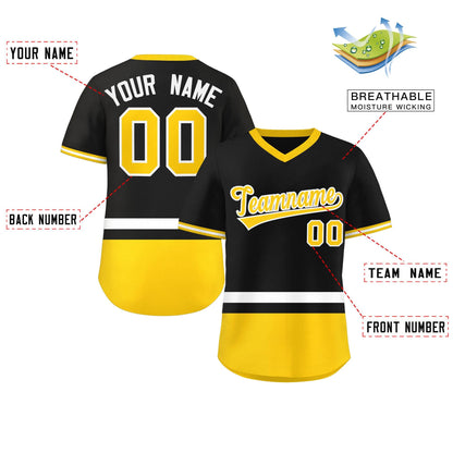 Custom Black White-Gold Color Block Personalized V-Neck Authentic Pullover Baseball Jersey