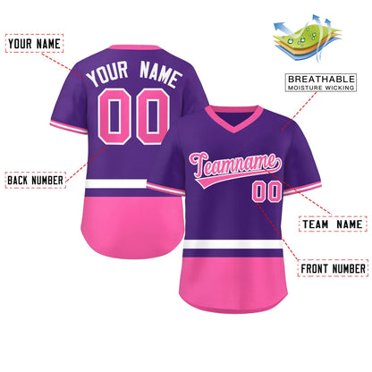 Custom Purple White-Pink Color Block Personalized V-Neck Authentic Pullover Baseball Jersey