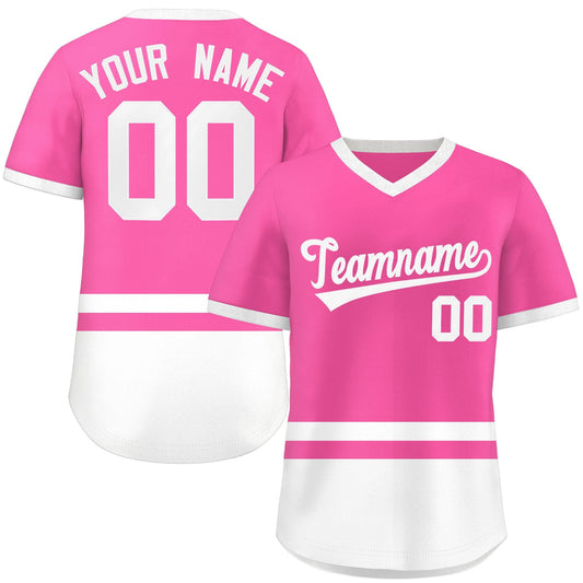 Custom Pink White Color Block Personalized V-Neck Authentic Pullover Baseball Jersey