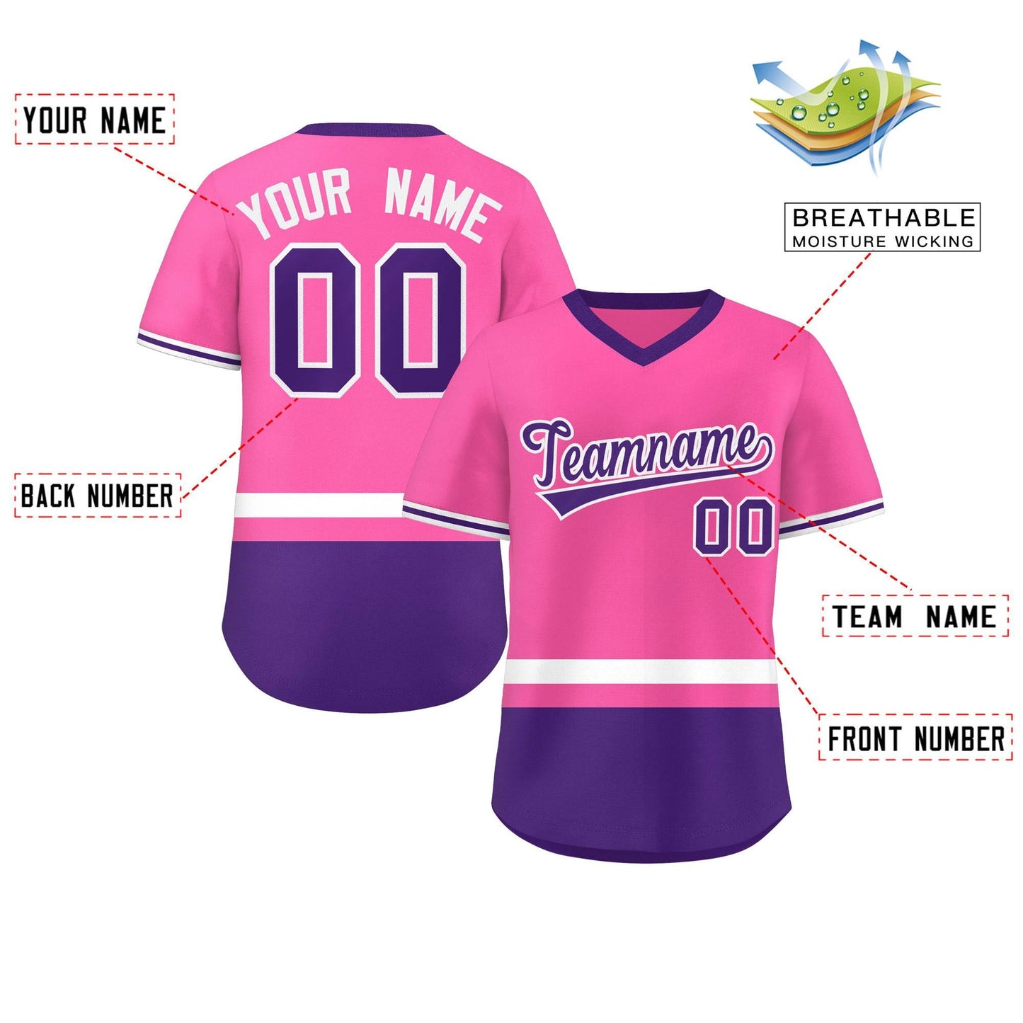 Custom Pink White-Purple Color Block Personalized V-Neck Authentic Pullover Baseball Jersey