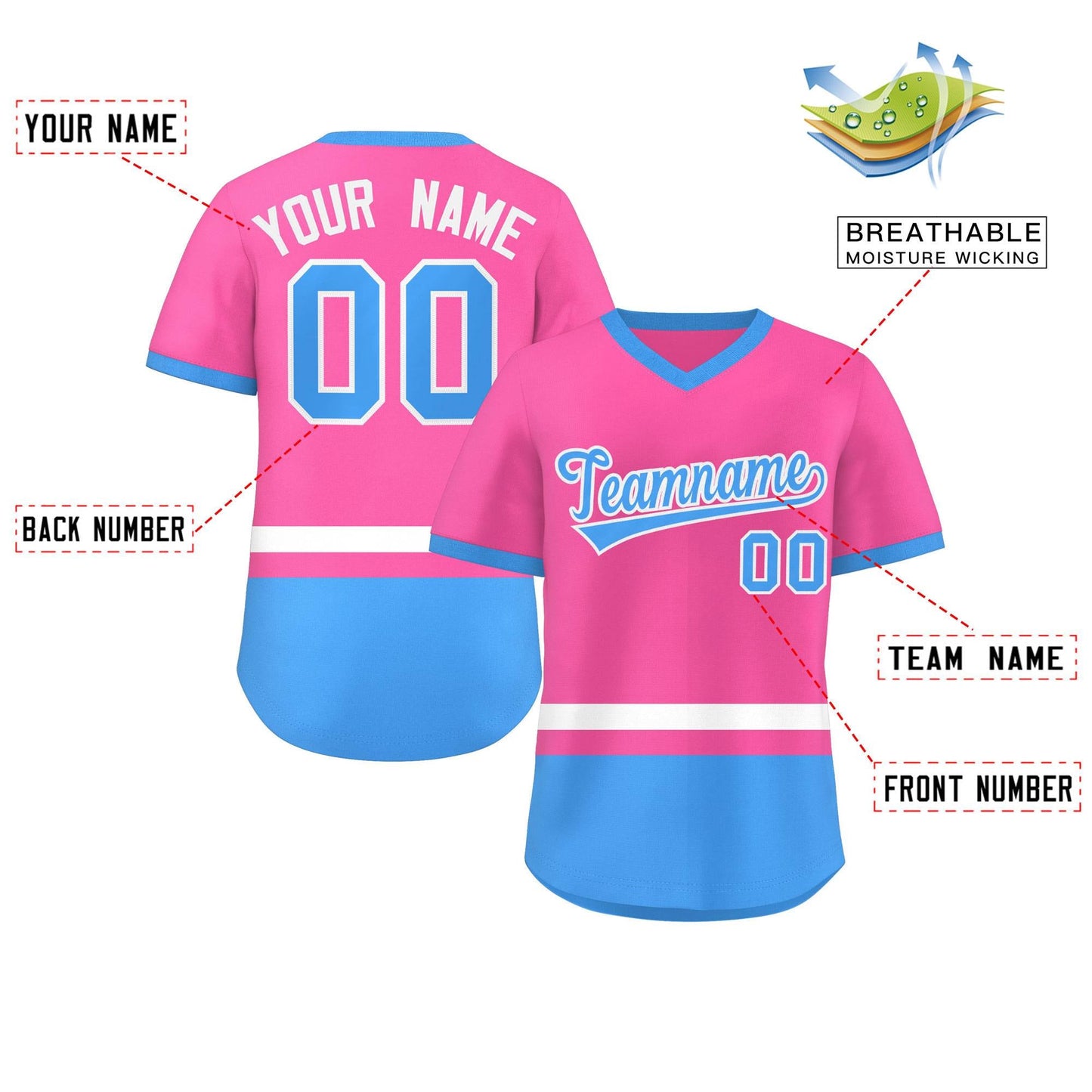 Custom Pink White-Powder Blue Color Block Personalized V-Neck Authentic Pullover Baseball Jersey