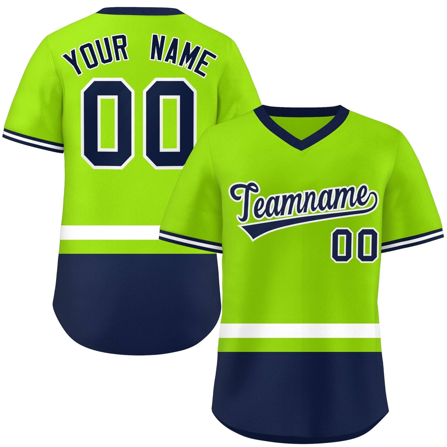 Custom Neon Green White-Navy Color Block Personalized V-Neck Authentic Pullover Baseball Jersey