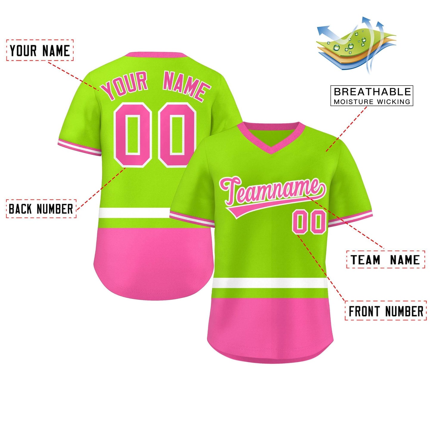 Custom Neon Green White-Pink Color Block Personalized V-Neck Authentic Pullover Baseball Jersey