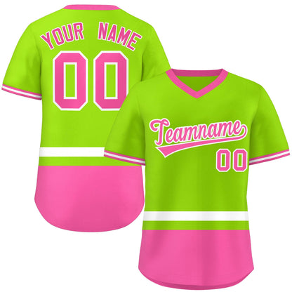 Custom Neon Green White-Pink Color Block Personalized V-Neck Authentic Pullover Baseball Jersey