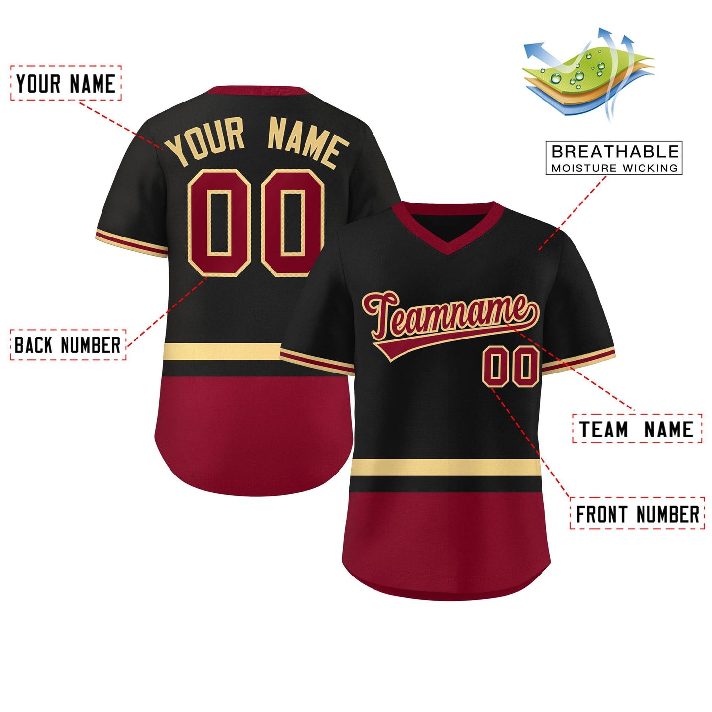 Custom Black Khaki-Crimson Color Block Personalized V-Neck Authentic Pullover Baseball Jersey