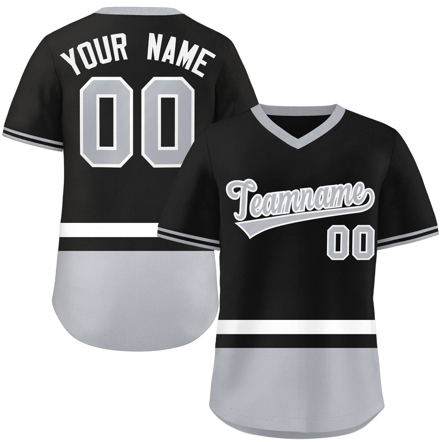 Custom Black White-Gray Color Block Personalized V-Neck Authentic Pullover Baseball Jersey