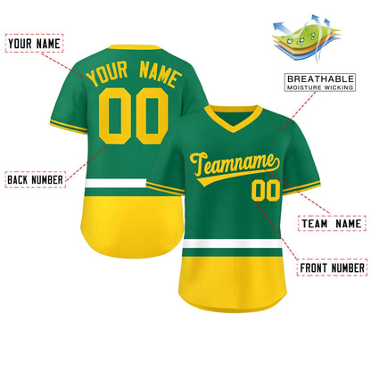 Custom Kelly Green White-Gold Color Block Personalized V-Neck Authentic Pullover Baseball Jersey