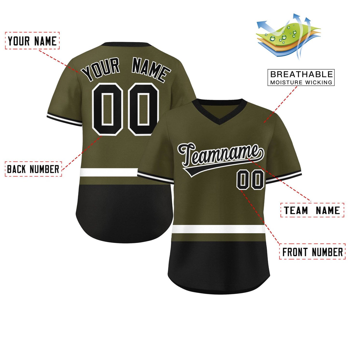 Custom Olive White-Black Color Block Personalized V-Neck Authentic Pullover Baseball Jersey