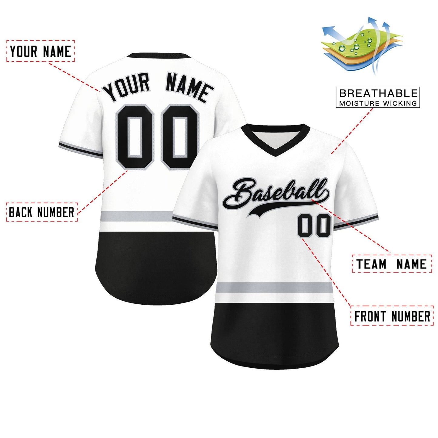 Custom White Gray-Black Color Block Personalized V-Neck Authentic Pullover Baseball Jersey