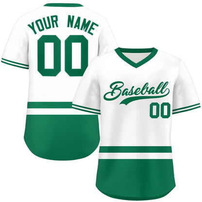 Custom White Kelly Green Color Block Personalized V-Neck Authentic Pullover Baseball Jersey