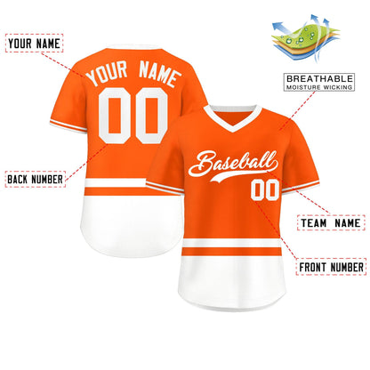 Custom Orange White Color Block Personalized V-Neck Authentic Pullover Baseball Jersey