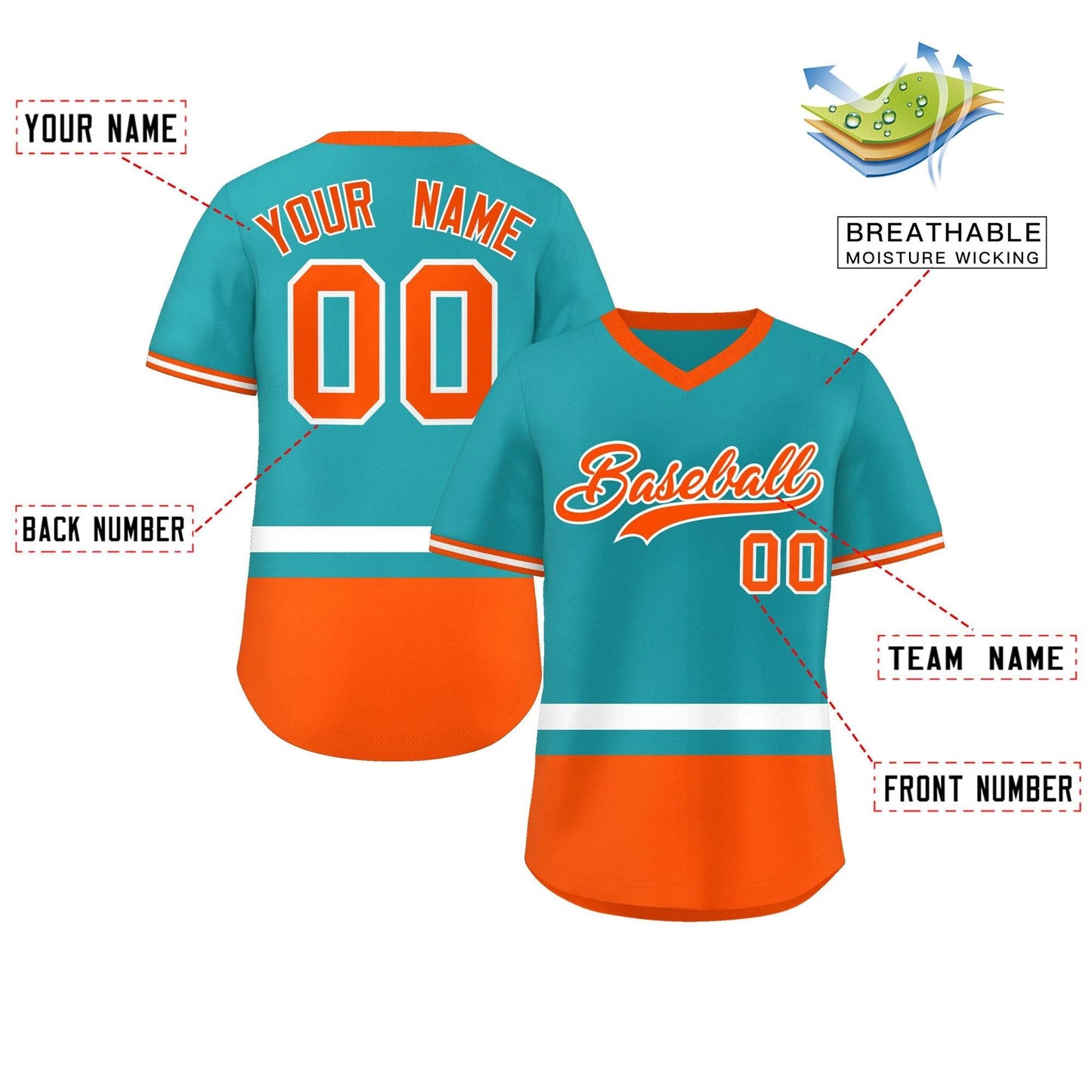 Custom Aqua White-Orange Color Block Personalized V-Neck Authentic Pullover Baseball Jersey