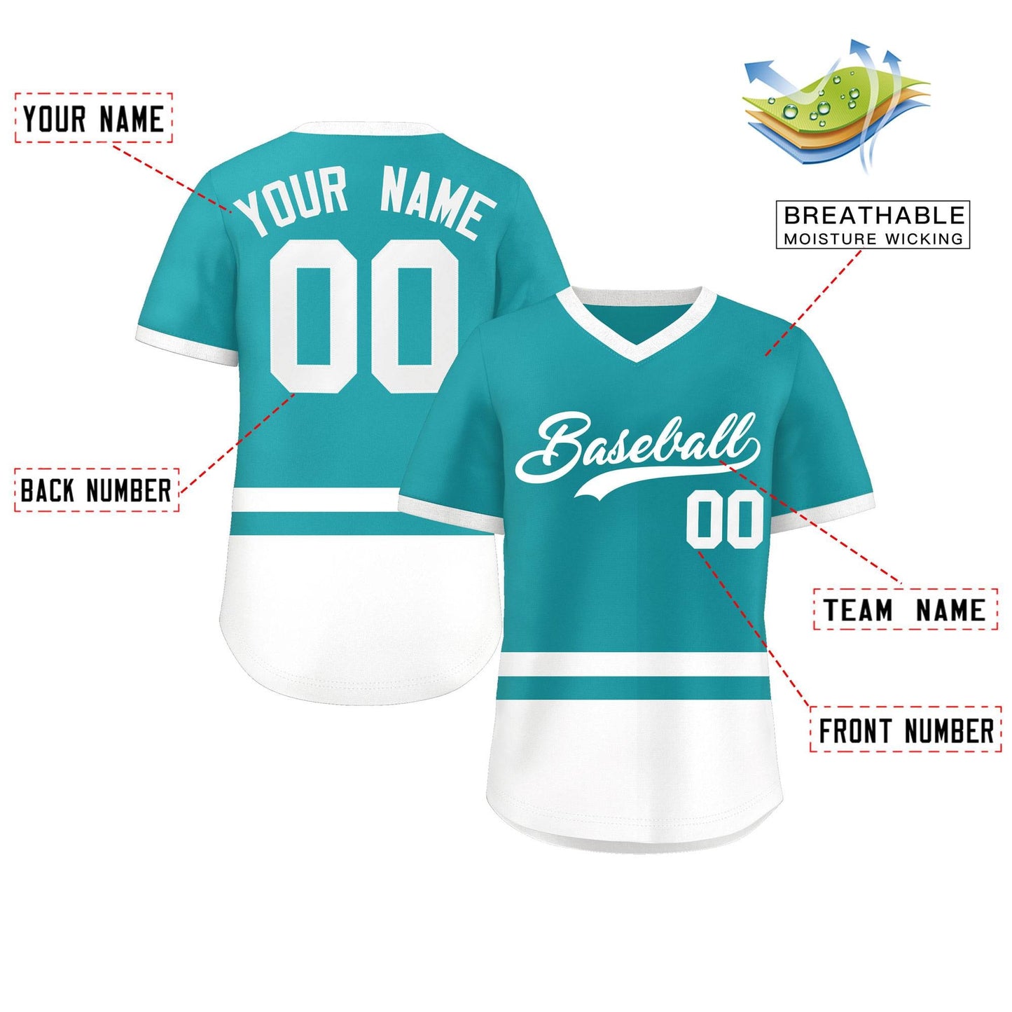 Custom Aqua White Color Block Personalized V-Neck Authentic Pullover Baseball Jersey