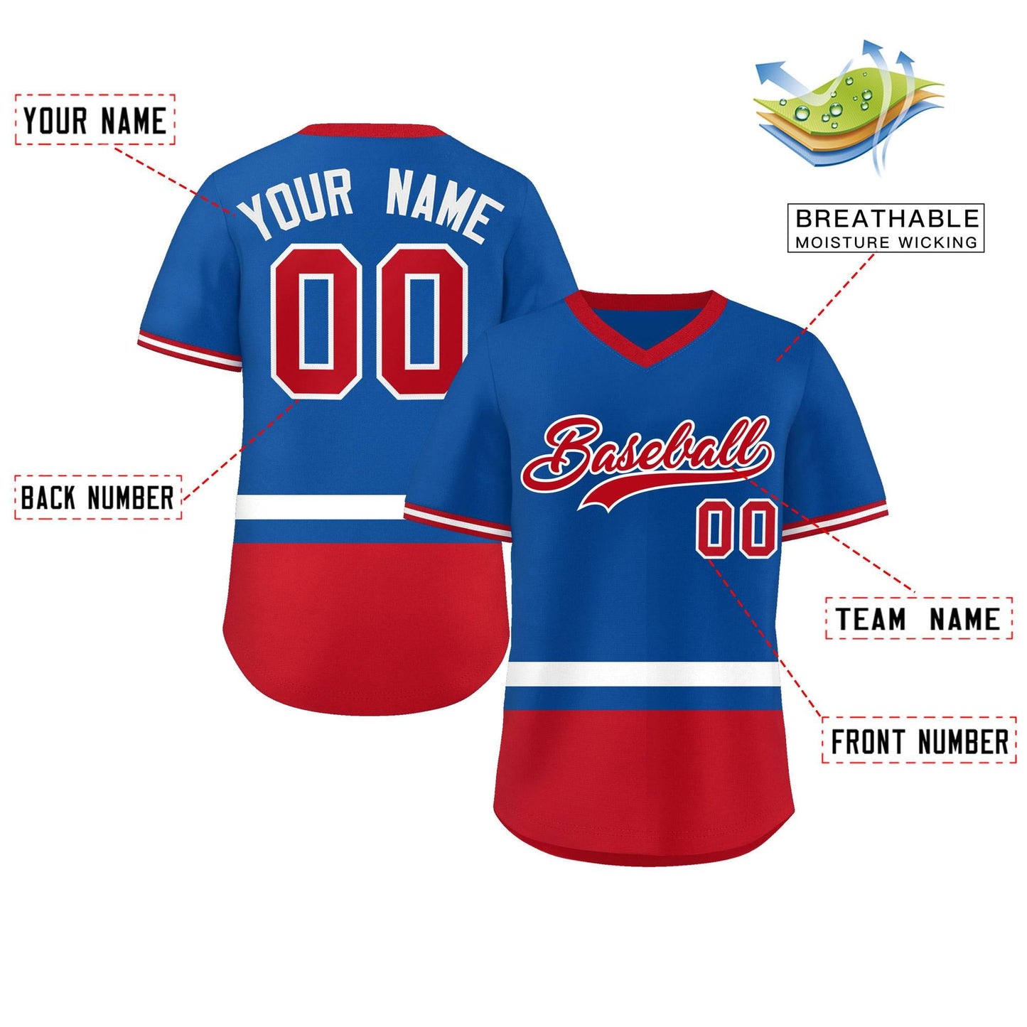 Custom Royal White-Red Color Block Personalized V-Neck Authentic Pullover Baseball Jersey