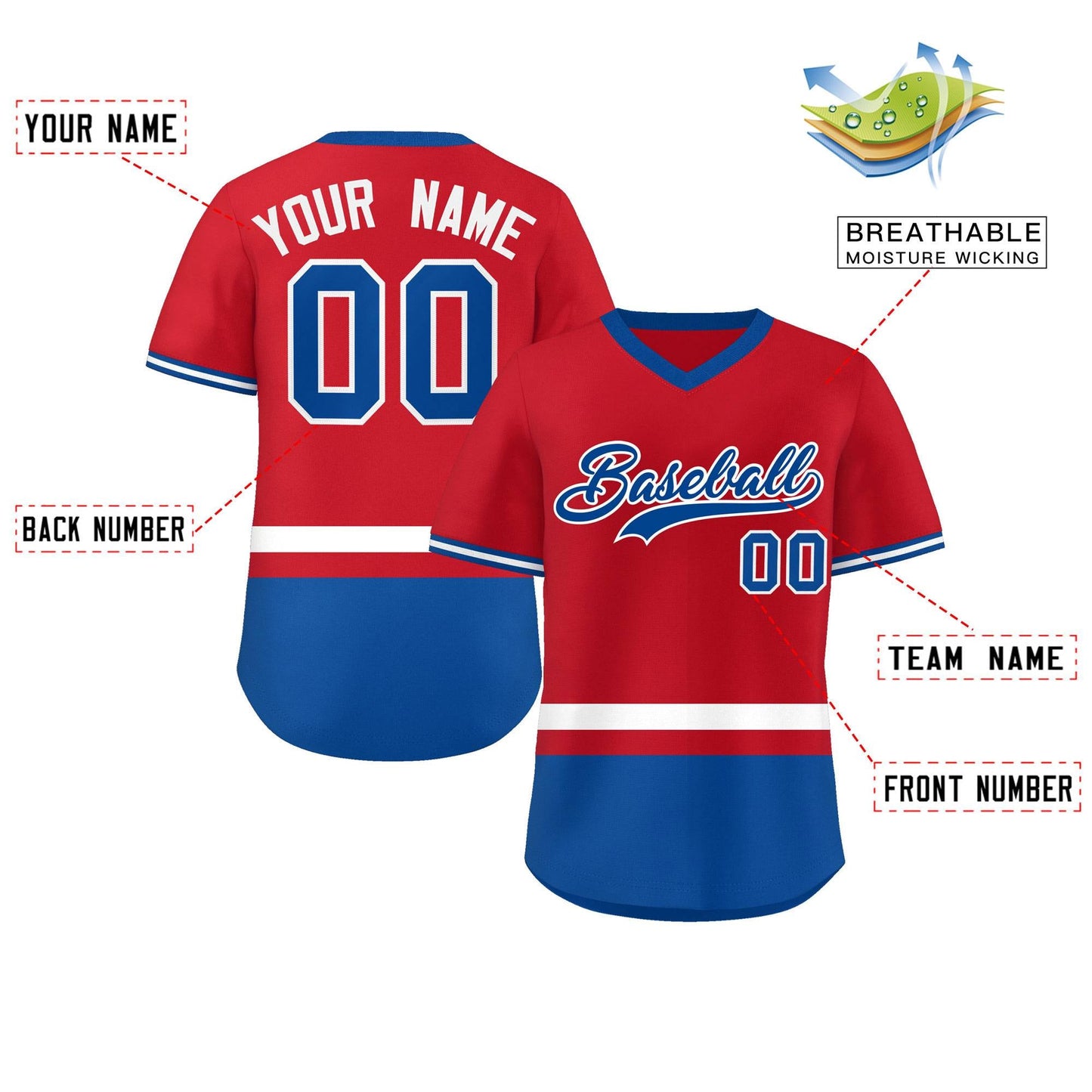 Custom Red White-Royal Color Block Personalized V-Neck Authentic Pullover Baseball Jersey