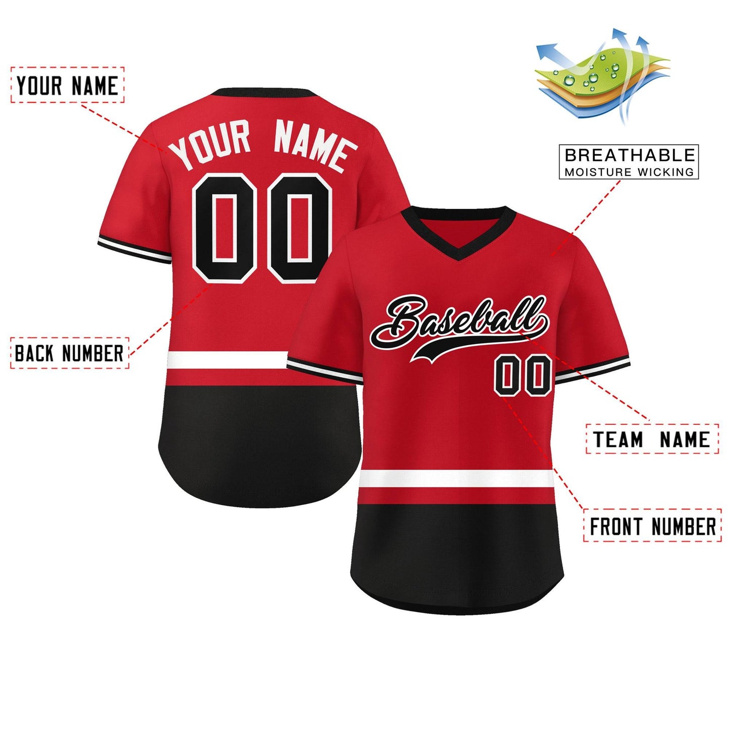 Custom Red White-Black Color Block Personalized V-Neck Authentic Pullover Baseball Jersey