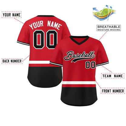 Custom Red White-Black Color Block Personalized V-Neck Authentic Pullover Baseball Jersey