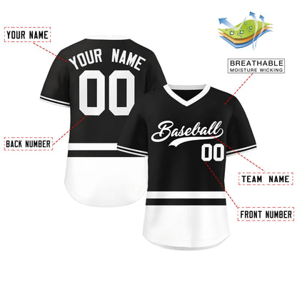 Custom Black White Color Block Personalized V-Neck Authentic Pullover Baseball Jersey