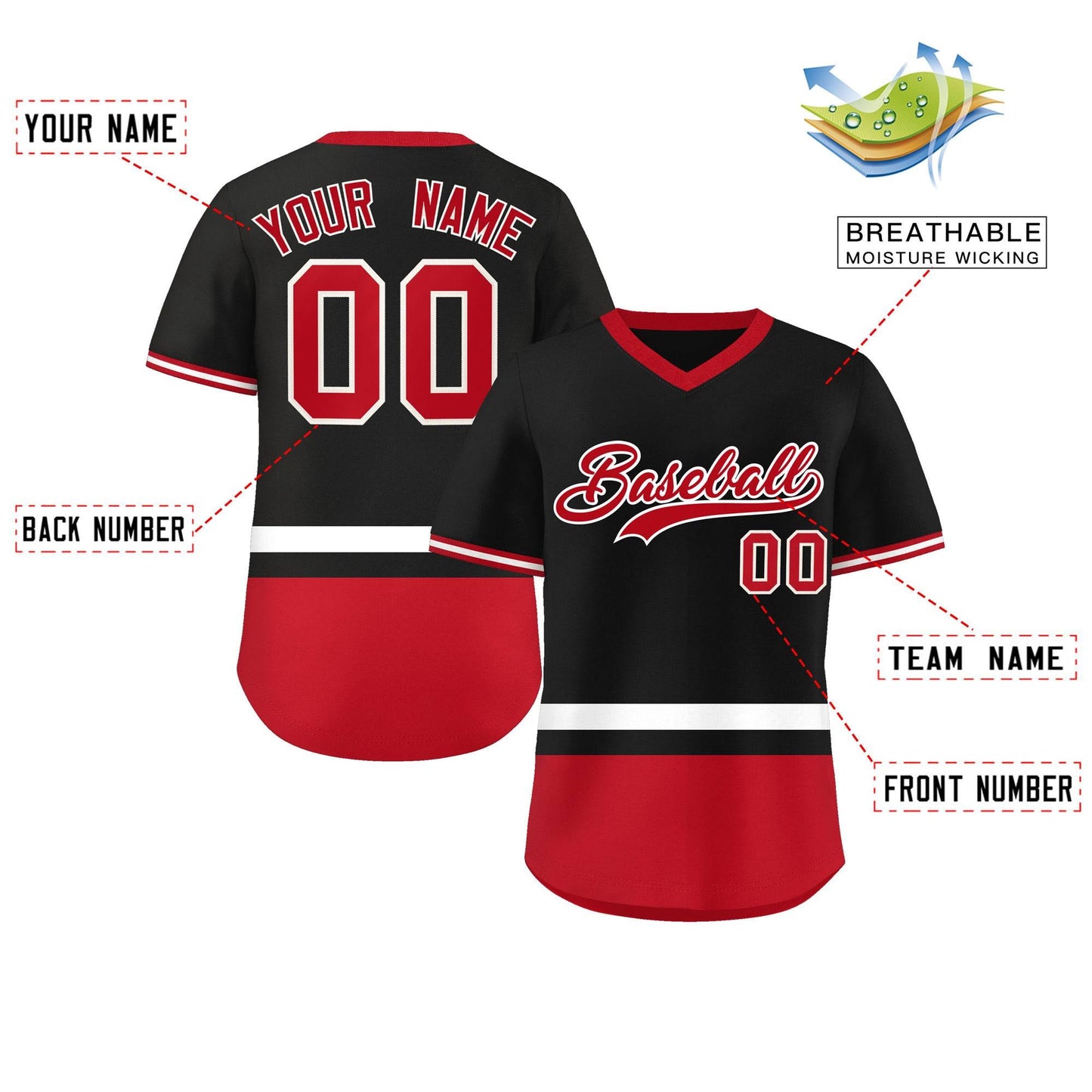 Custom Black White-Red Color Block Personalized V-Neck Authentic Pullover Baseball Jersey