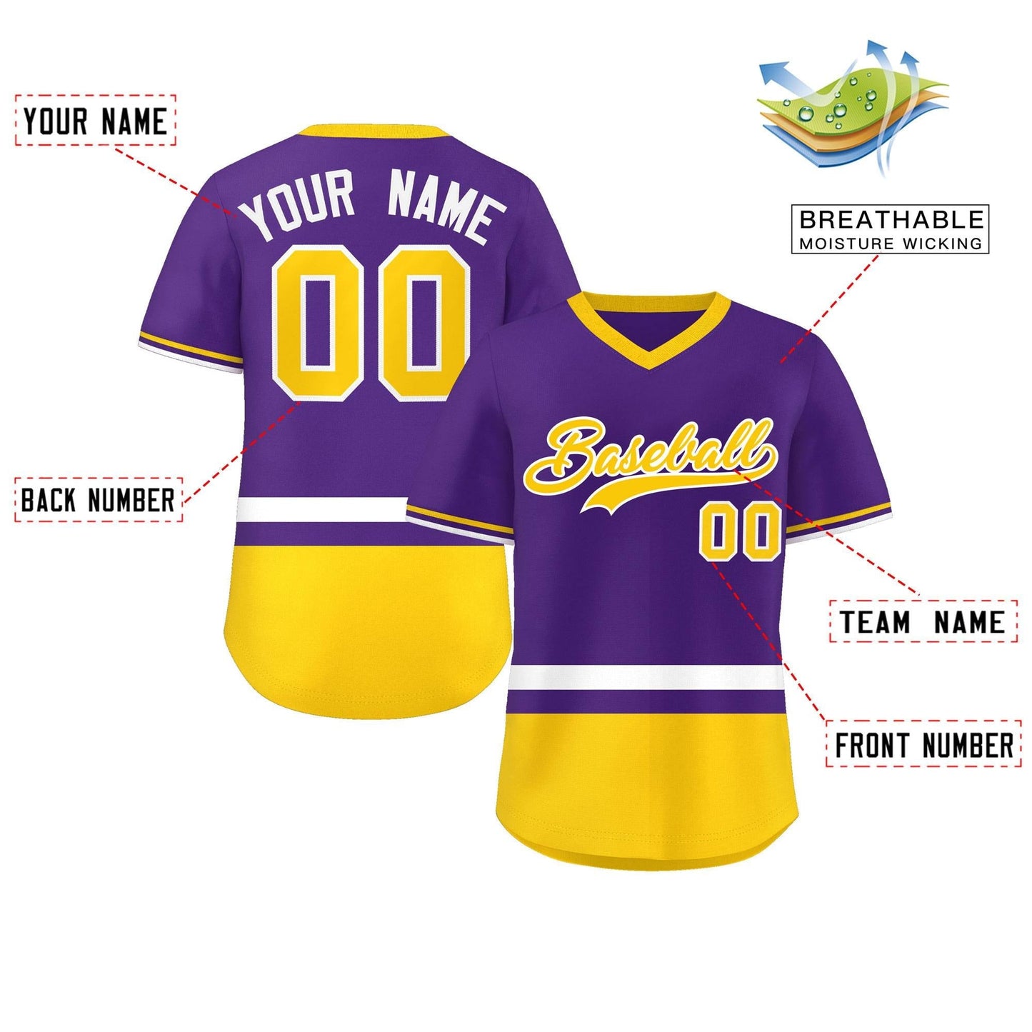 Custom Purple White-Gold Color Block Personalized V-Neck Authentic Pullover Baseball Jersey