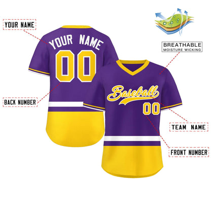 Custom Purple White-Gold Color Block Personalized V-Neck Authentic Pullover Baseball Jersey