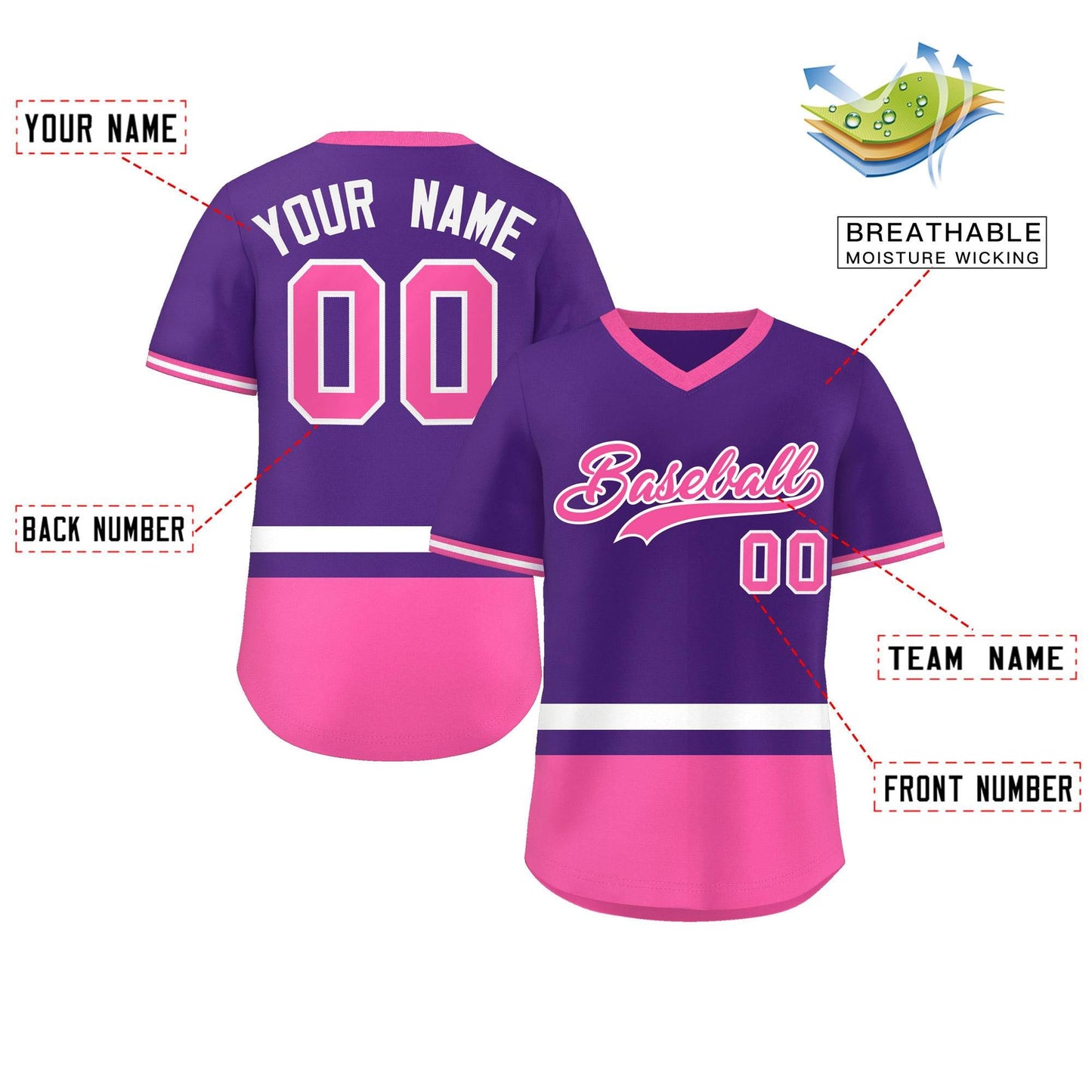 Custom Purple White-Pink Color Block Personalized V-Neck Authentic Pullover Baseball Jersey