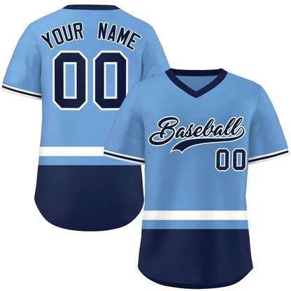 Custom Light Blue White-Navy Color Block Personalized V-Neck Authentic Pullover Baseball Jersey