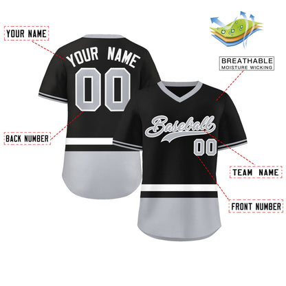 Custom Black White-Gray Color Block Personalized V-Neck Authentic Pullover Baseball Jersey