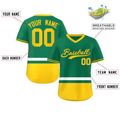 Custom Kelly Green White-Gold Color Block Personalized V-Neck Authentic Pullover Baseball Jersey